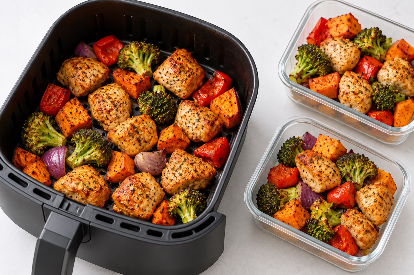 An open air fryer basket with evenly spaced golden chicken pieces and roasted vegetables in a single uncrowded layer, with two prepared lunch containers beside it.
