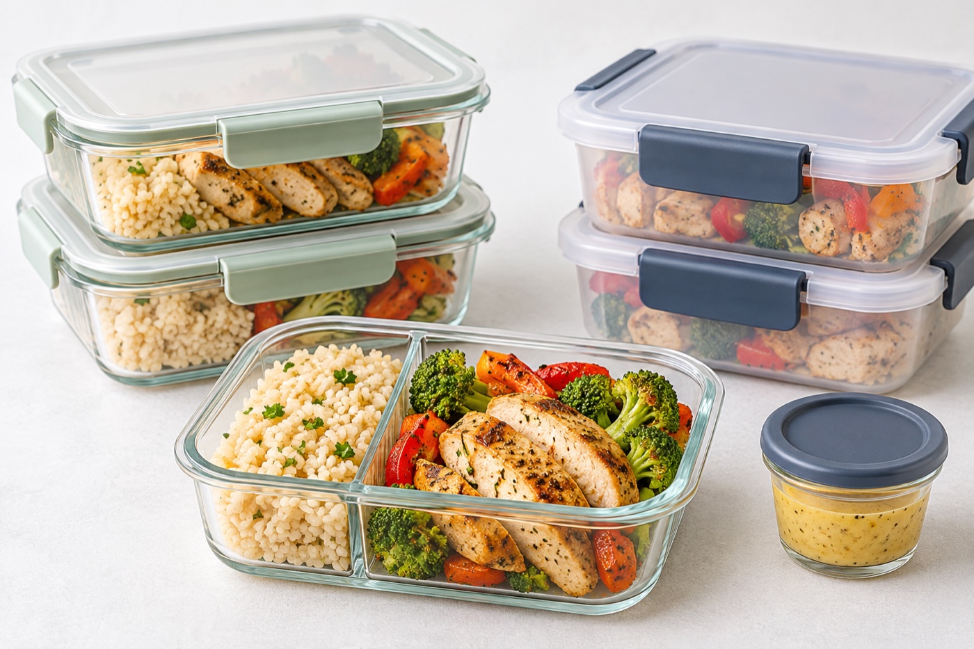 A thoughtful lineup of clear glass and sturdy reusable plastic food containers, matching lids and a small dressing cup, one filled with rice, vegetables and chicken, showing container sizes and compartments.