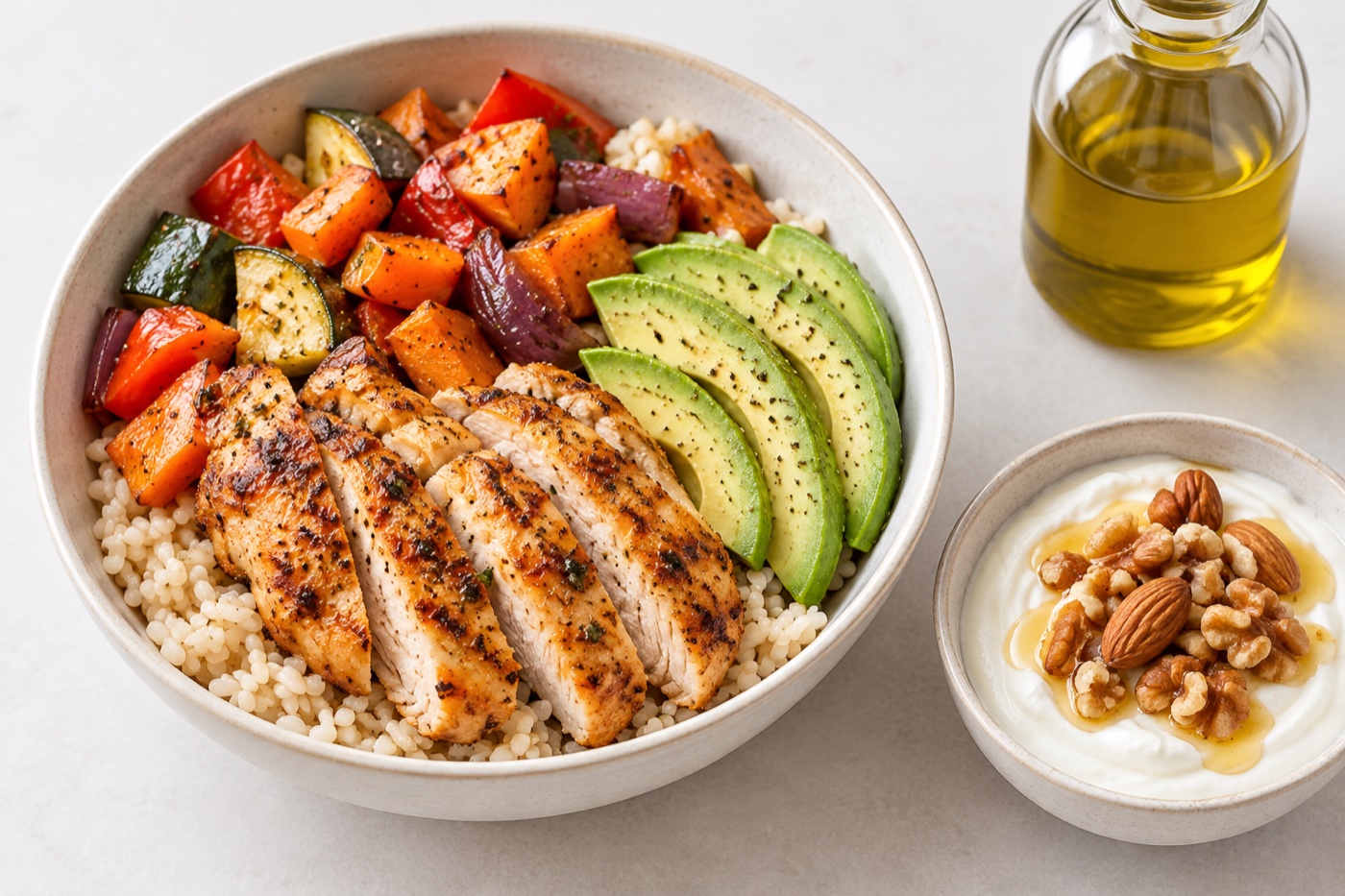 A satisfying but sensible meal-prep bowl with rice, chicken, avocado and roasted vegetables, alongside a small yogurt bowl, olive oil bottle and nuts