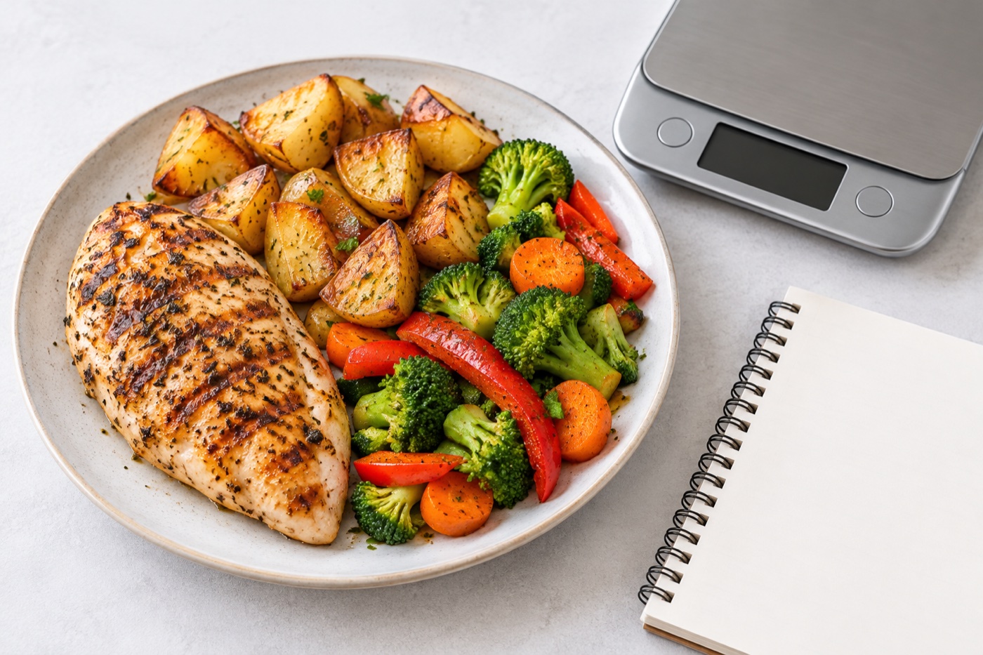 A balanced dinner plate of grilled chicken, potatoes and colourful vegetables beside a digital kitchen scale and a blank notebook