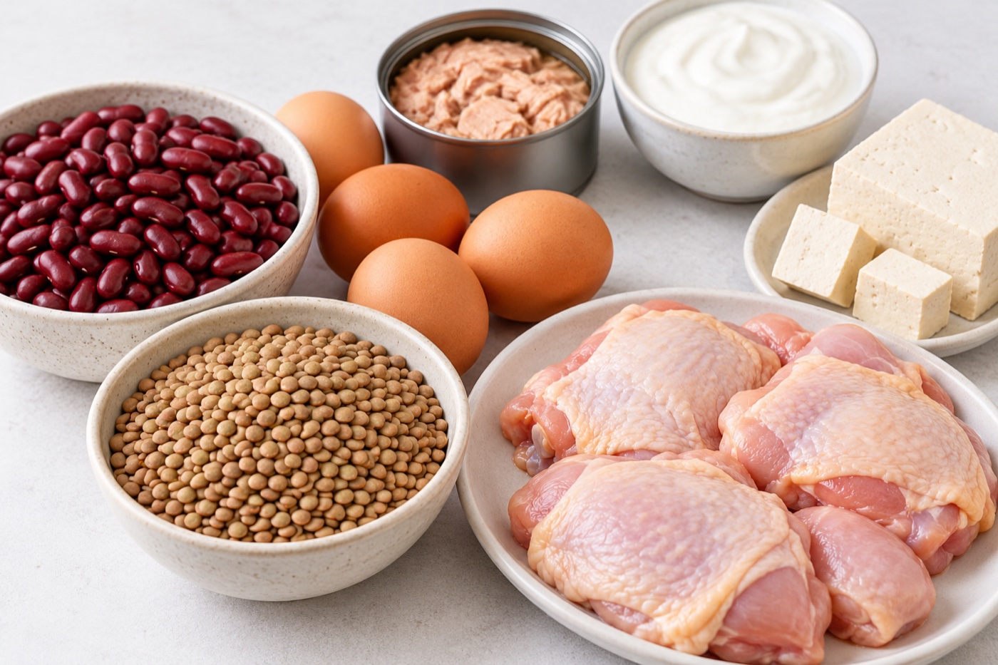 Affordable protein staples arranged on a kitchen counter: dry lentils and beans in bowls, eggs, a tin of fish with no label, plain yogurt, tofu and chicken thighs.