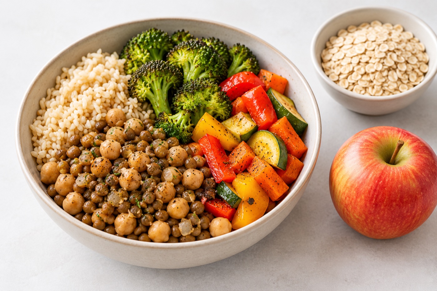 A nourishing bowl of lentils, chickpeas, brown rice, broccoli and colourful vegetables beside oats and an apple, emphasizing food variety rather than supplements.