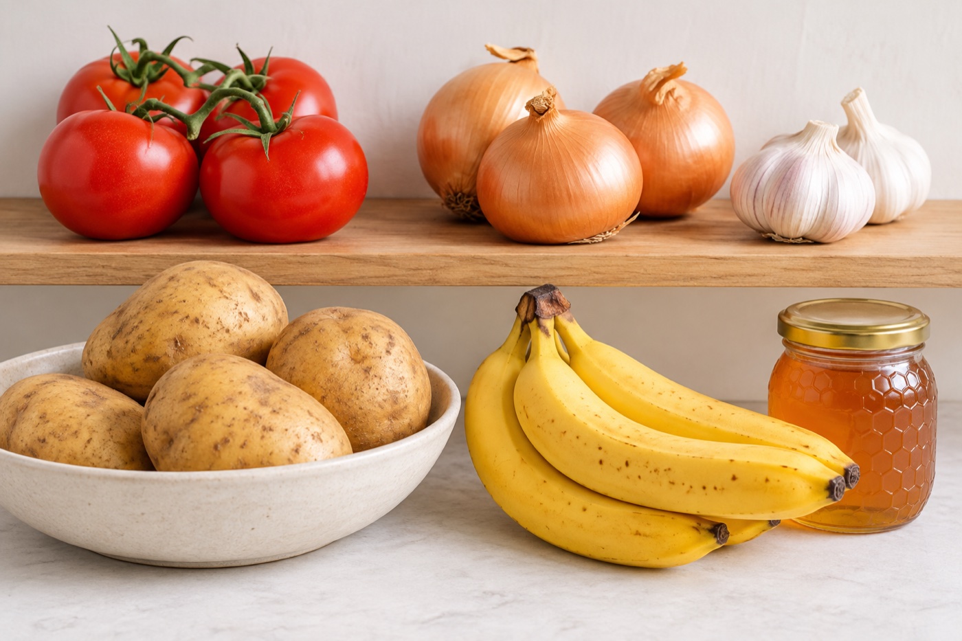 A tidy airy pantry shelf and kitchen counter with whole tomatoes, uncut onions, garlic, potatoes, bananas and a closed honey jar