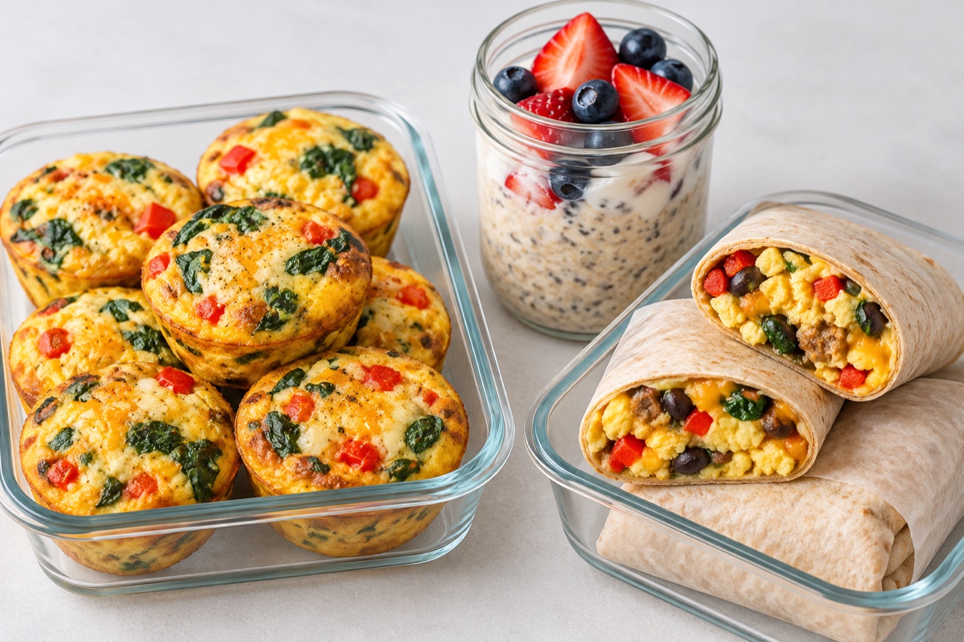 Prepared breakfast egg muffins with spinach and peppers, an overnight-oats jar with plain yogurt and berries, and wrapped breakfast burritos ready for storage.