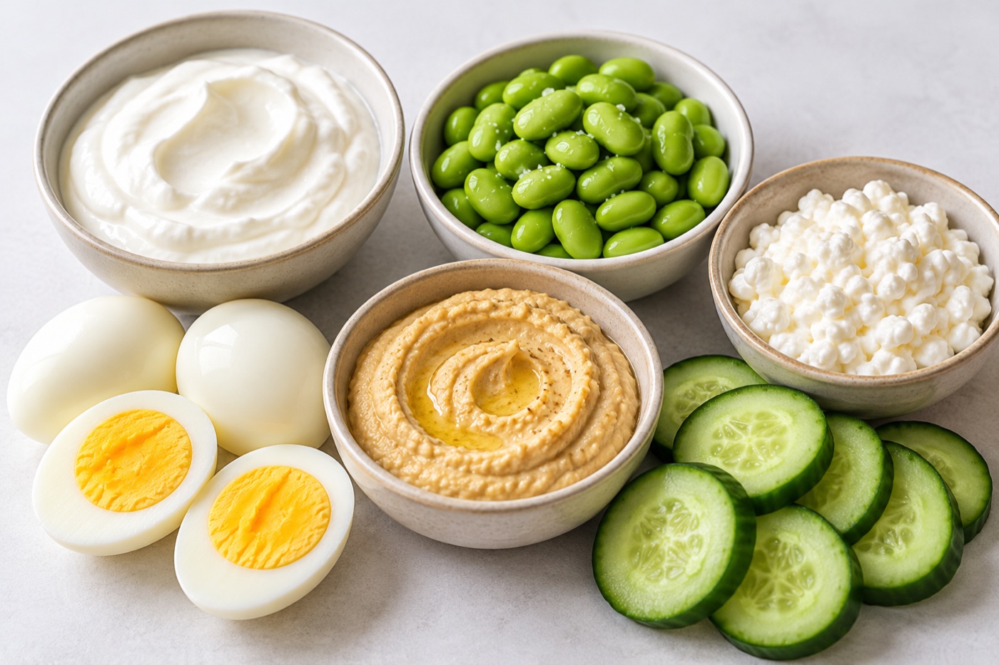 Simple snack options neatly arranged: peeled hard-boiled eggs, plain Greek yogurt, edamame, cottage cheese, hummus and sliced cucumber