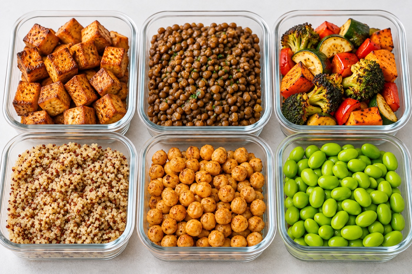 A colourful vegetarian meal-prep spread with browned tofu cubes, lentils, chickpeas, quinoa, edamame and roasted vegetables in separate containers.