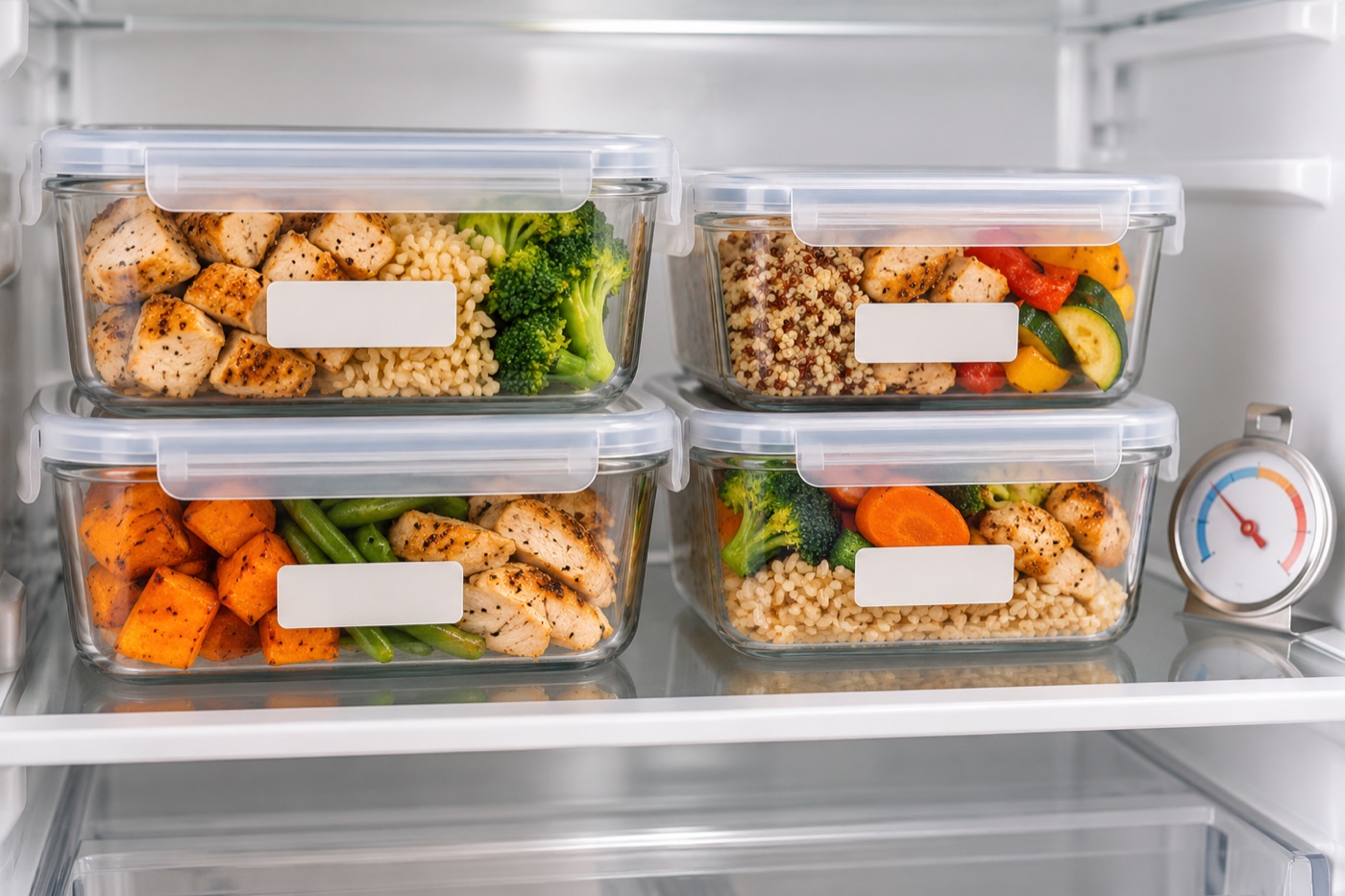 The interior of a clean refrigerator with closed transparent meal-prep containers on a shelf, cooked chicken, rice and vegetables visible, blank date labels and a small refrigerator thermometer without legible numbers.