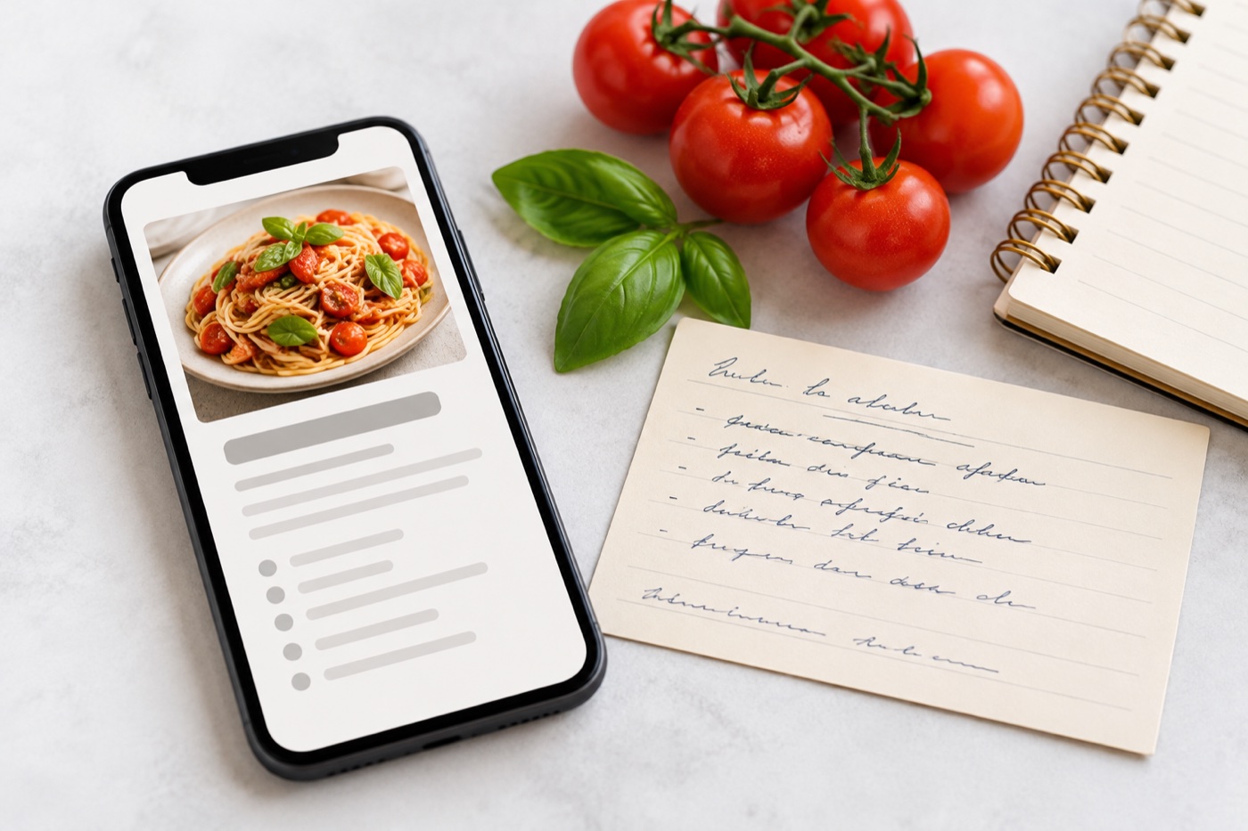 A smartphone with an abstract generic recipe layout of image and lines, beside a handwritten recipe card with illegible marks, fresh tomatoes, basil and a notebook