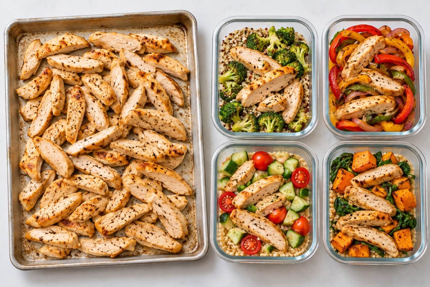 A large baking tray of plain cooked chicken breast strips beside several small meal-prep containers with different vegetable and grain sides, illustrating one protein prepared for several dishes.