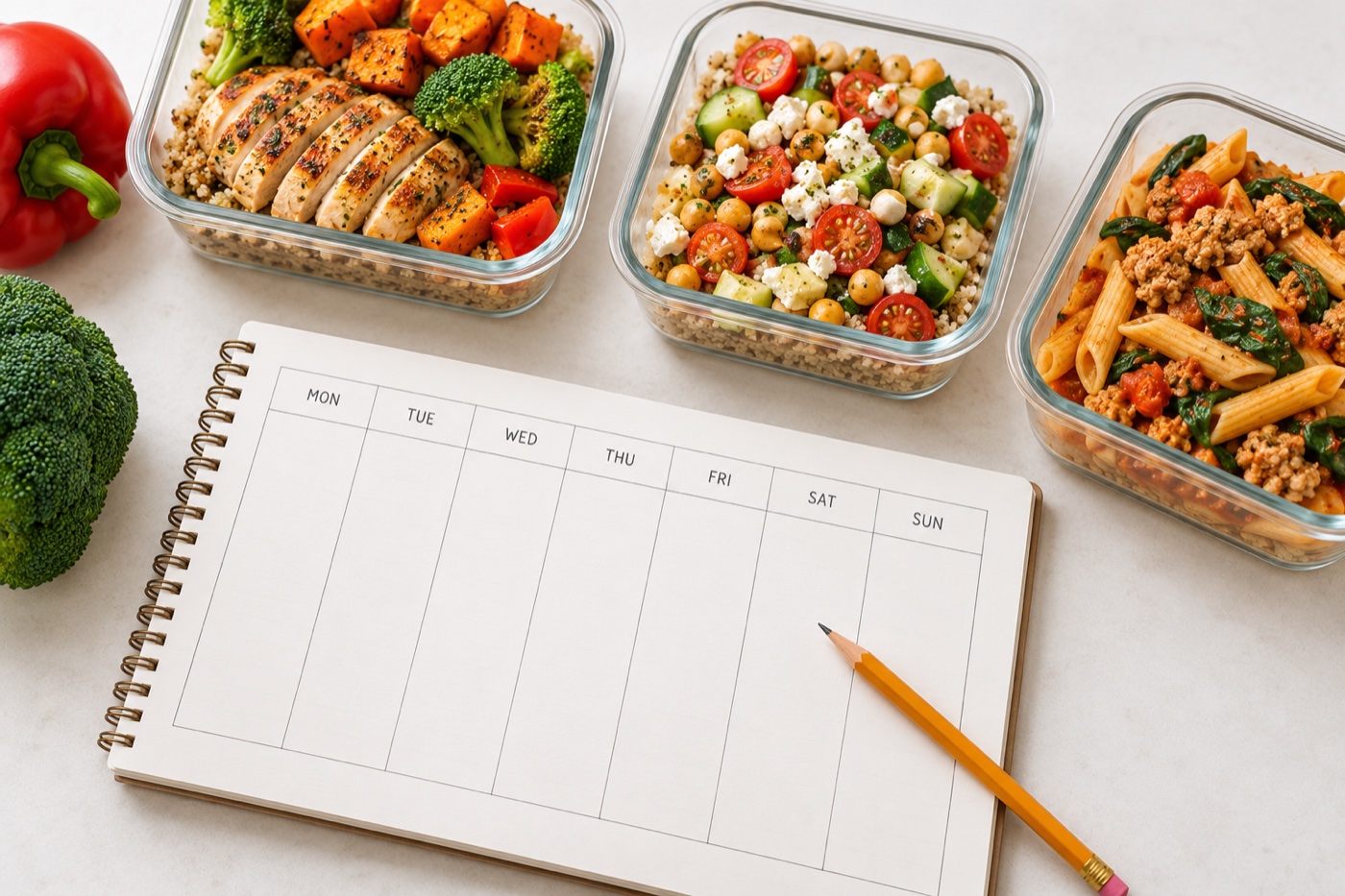 A kitchen table with an open weekly planner with blank seven-column boxes, a pencil, vegetables and pantry staples, and three balanced meal containers, representing practical weekly meal planning.