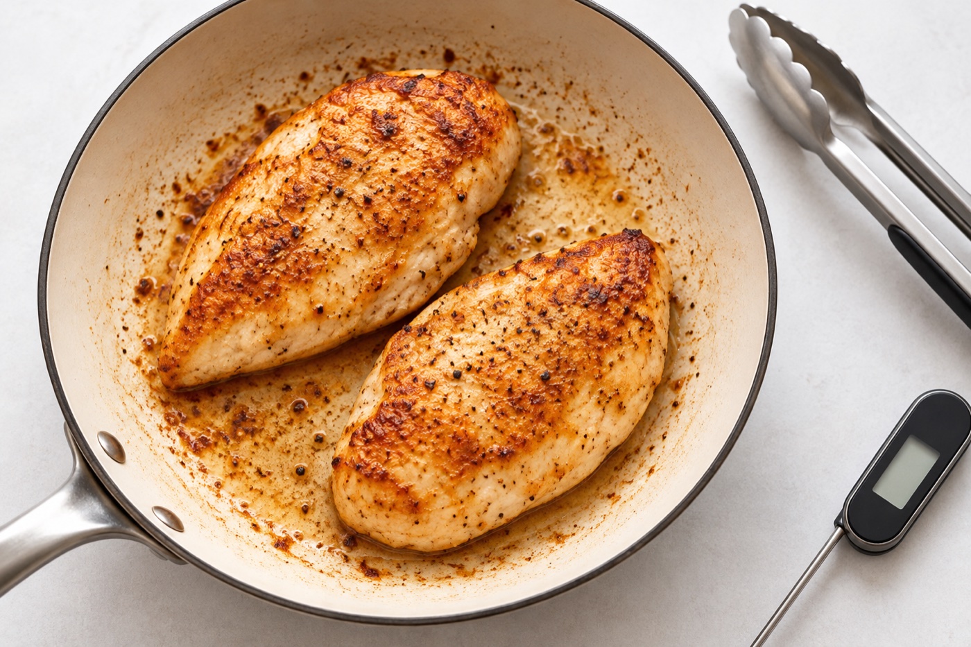 A skillet holding two plain golden pan-seared boneless chicken breast cutlets