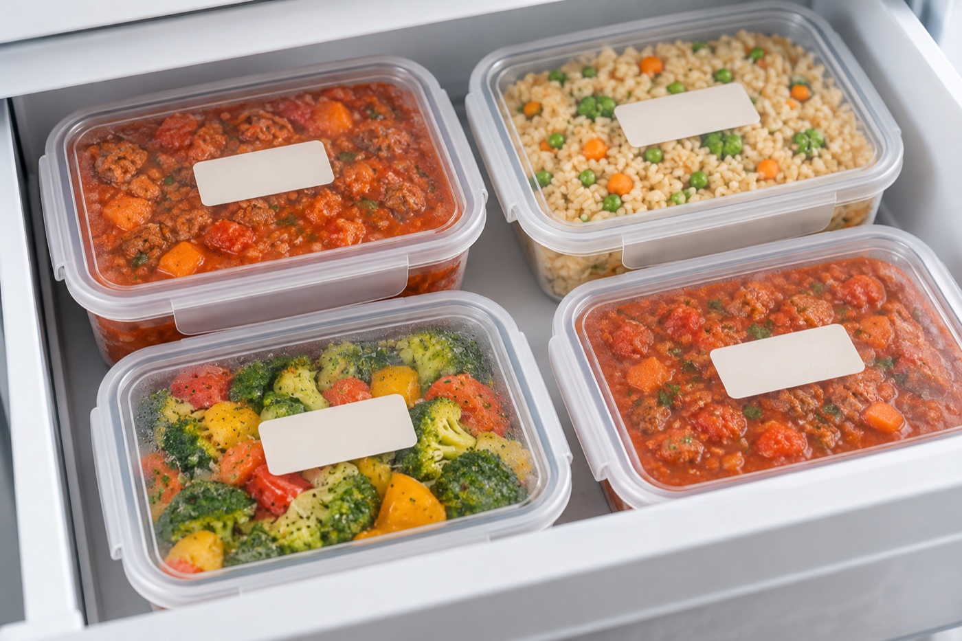 Several closed freezer-safe rectangular containers in a tidy freezer drawer, portioned stew, rice and vegetables visible, blank labels, space between containers