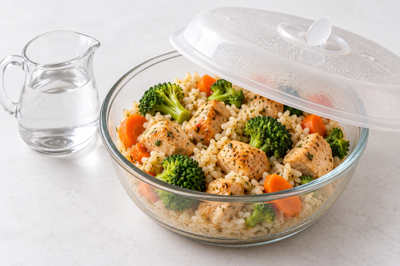 A microwave-safe glass bowl with rice, chicken and vegetables under a loosely vented microwave cover, a small water jug beside it, food looking moist and appealing