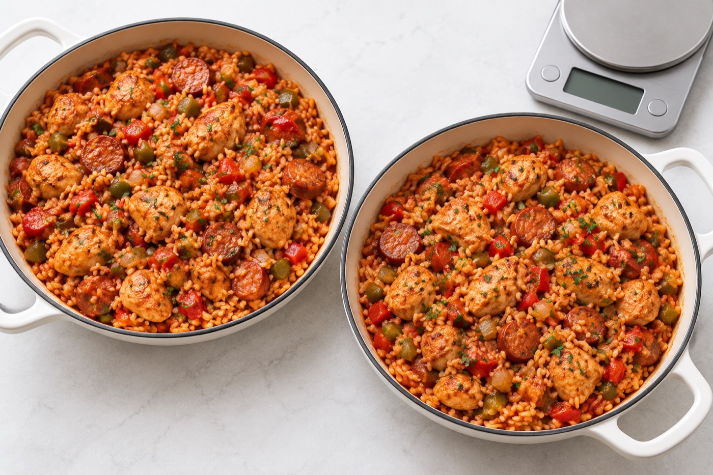 Chicken and rice divided between two shallow pans, with measured ingredients and a kitchen scale