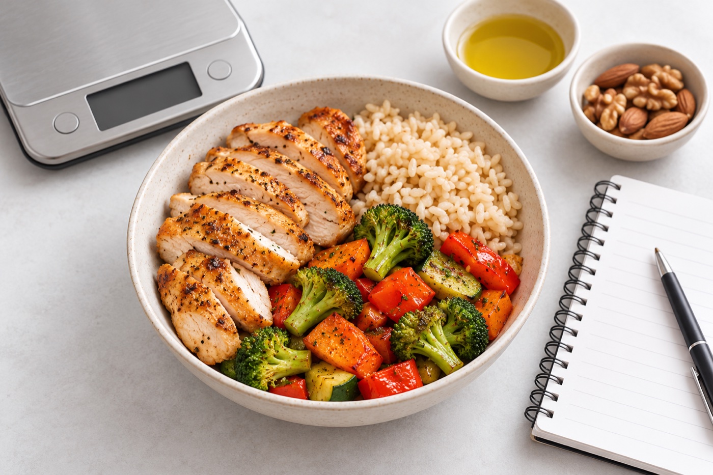 A balanced meal-prep bowl with chicken, rice and vegetables beside a digital kitchen scale, small bowls of olive oil and nuts, and a blank food journal
