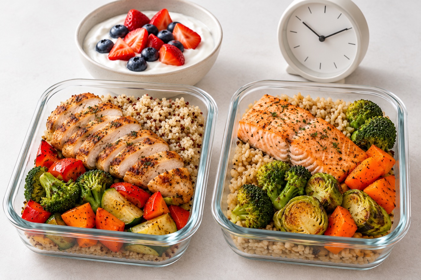 Two balanced prepared meals with protein, grains and vegetables alongside yogurt and fruit, and a small neutral kitchen clock in the background