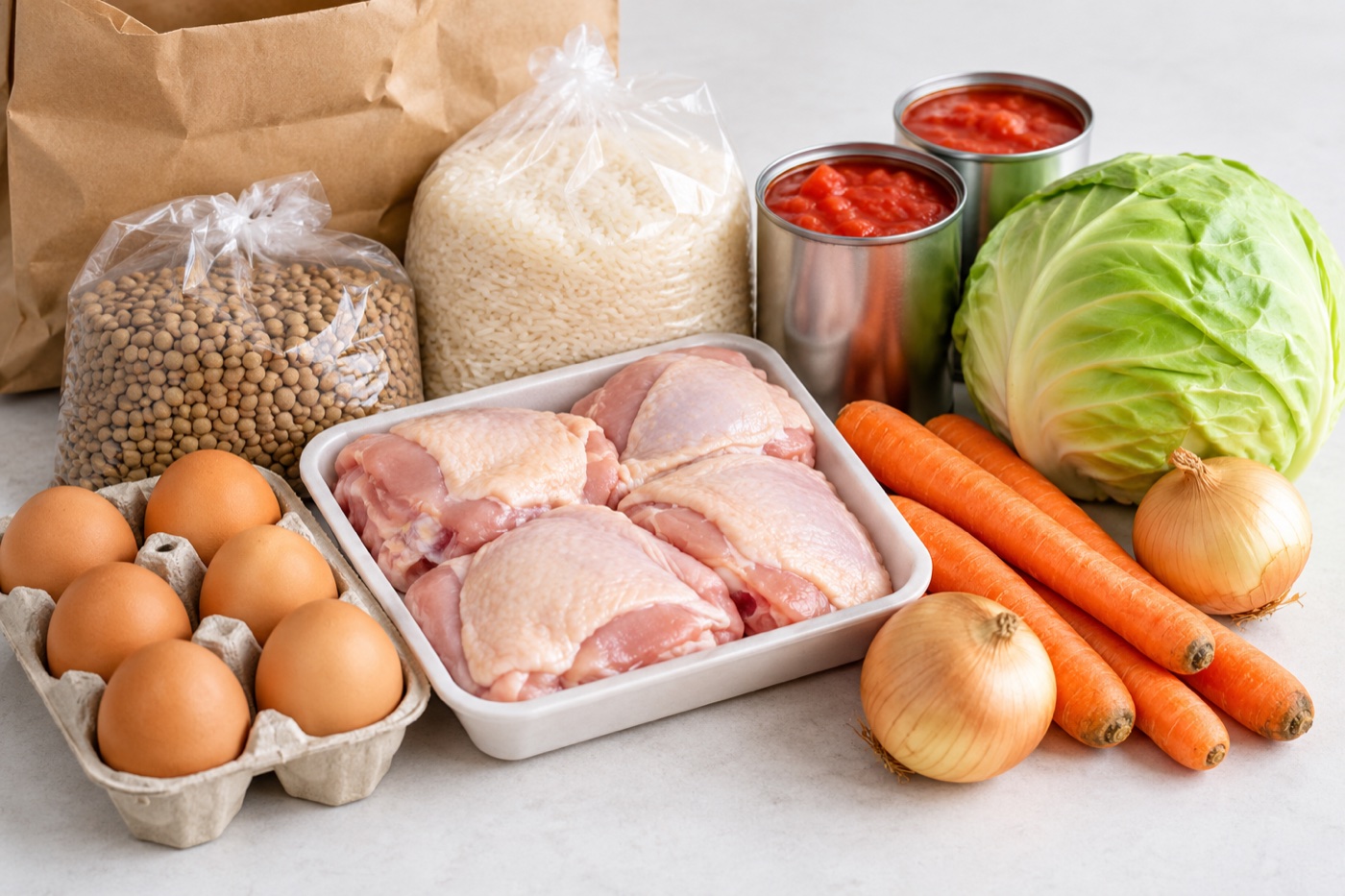 A compact grocery haul on a kitchen counter: lentils, eggs, chicken thighs, rice, canned tomatoes, carrots, onions and cabbage with a plain grocery bag