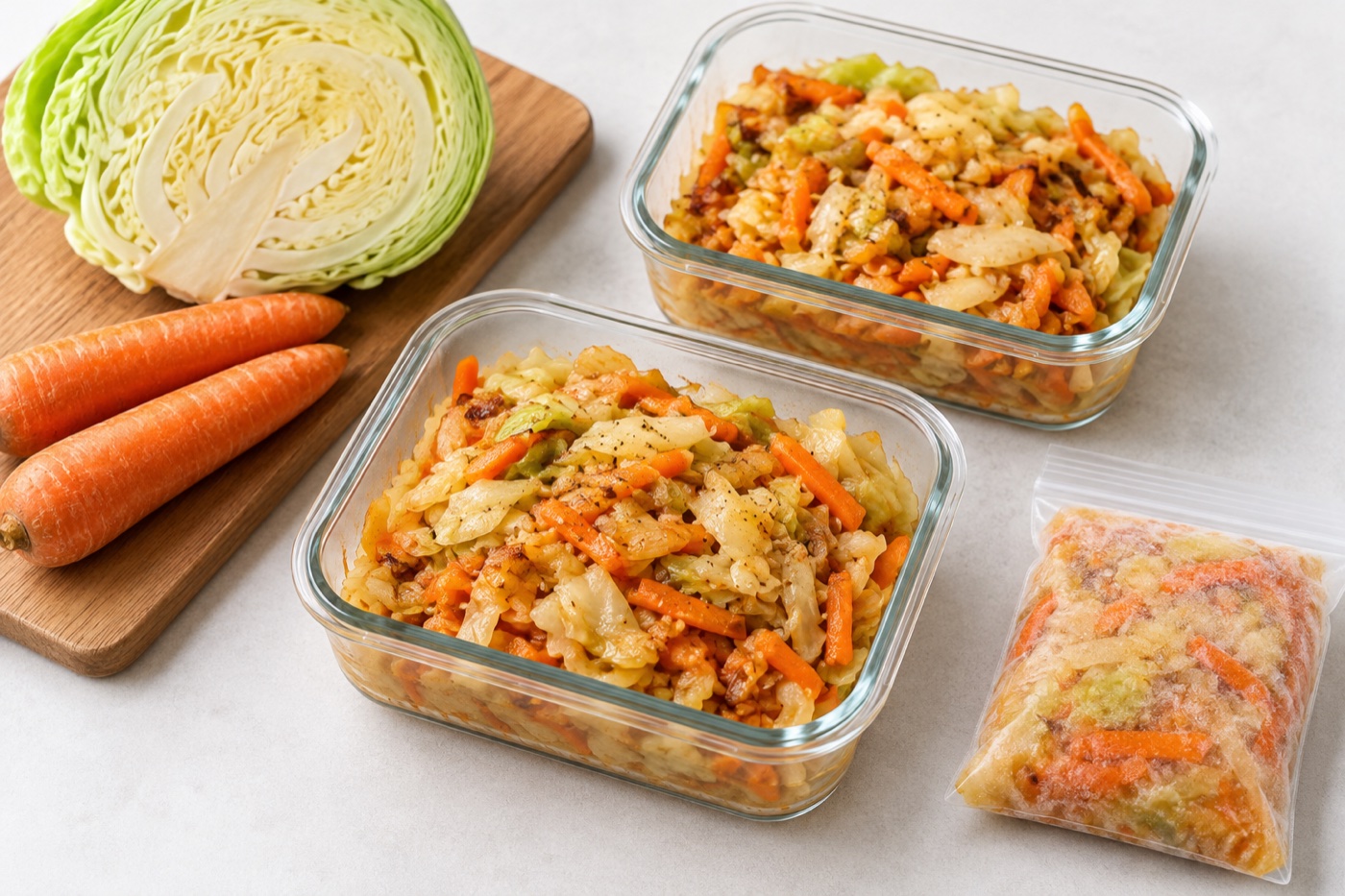 A small meal-prep batch for one person: two containers, half a cabbage and carrots being repurposed, one small freezer portion and a simple cutting board, modest amounts of food.