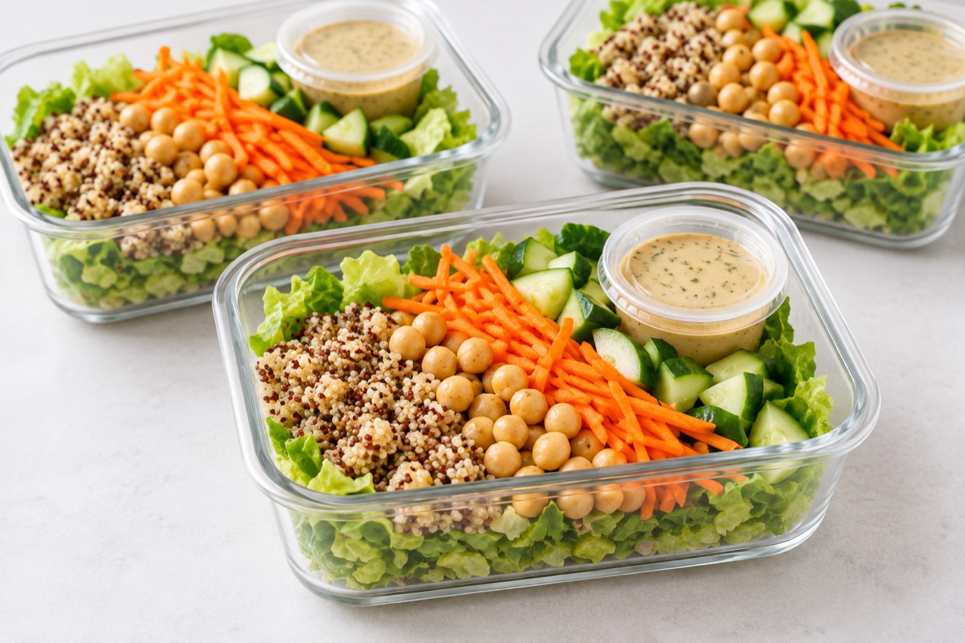 Clear lunch containers of dry crisp lettuce, cucumber, carrots, chickpeas and grains with dressing in separate small sealed cups, layered thoughtfully, fresh appetizing vegetables.