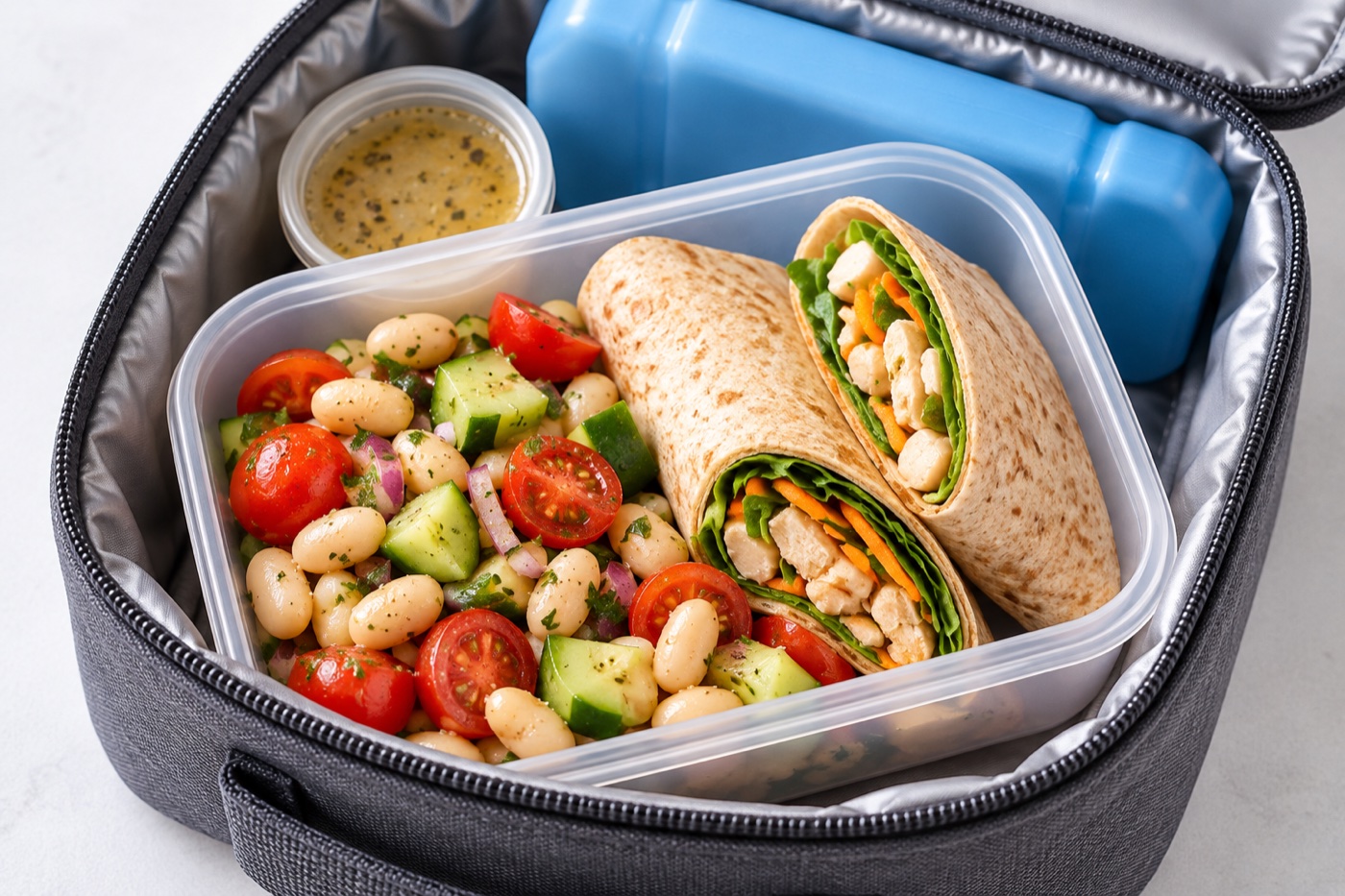 A chilled lunch box with white bean salad, cucumber, cherry tomatoes and a wrap, separate dressing cup and a blue ice pack tucked into an insulated lunch bag.