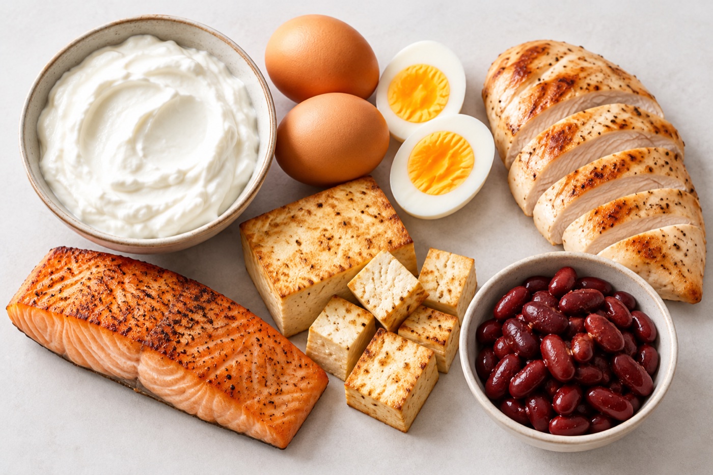 A comparison-friendly flat lay of plain Greek yogurt, eggs, tofu, fish and chicken with a small bowl of beans, arranged as food choices rather than a numerical infographic.