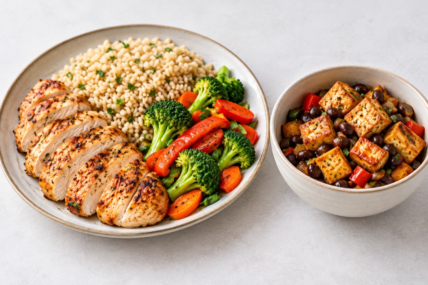 A sensible balanced plate with chicken, rice and vegetables beside a separate tofu-and-bean bowl, representing distributing protein through meals