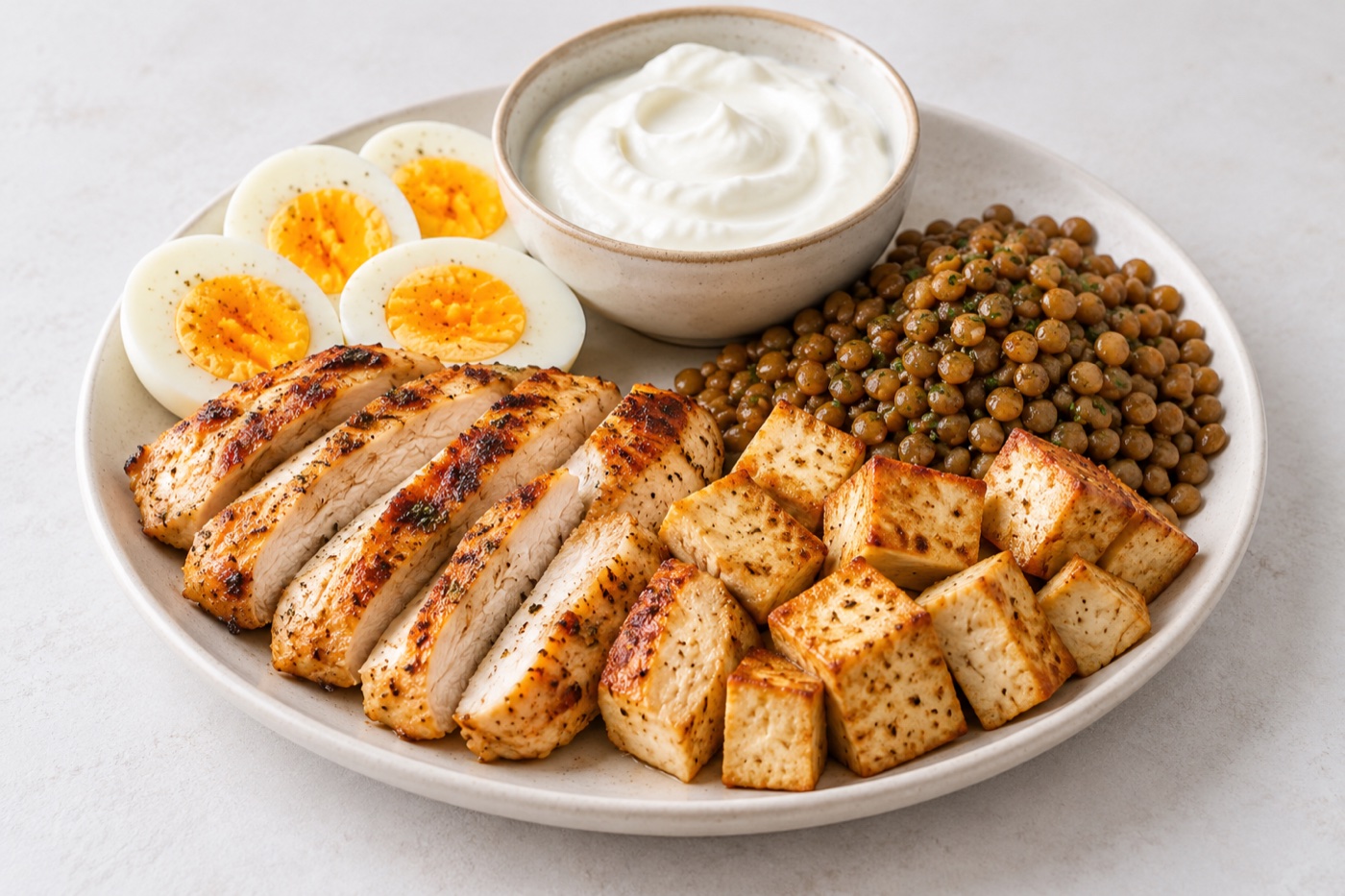 A relaxed everyday protein spread with chicken, eggs, lentils, tofu and plain yogurt on a kitchen table