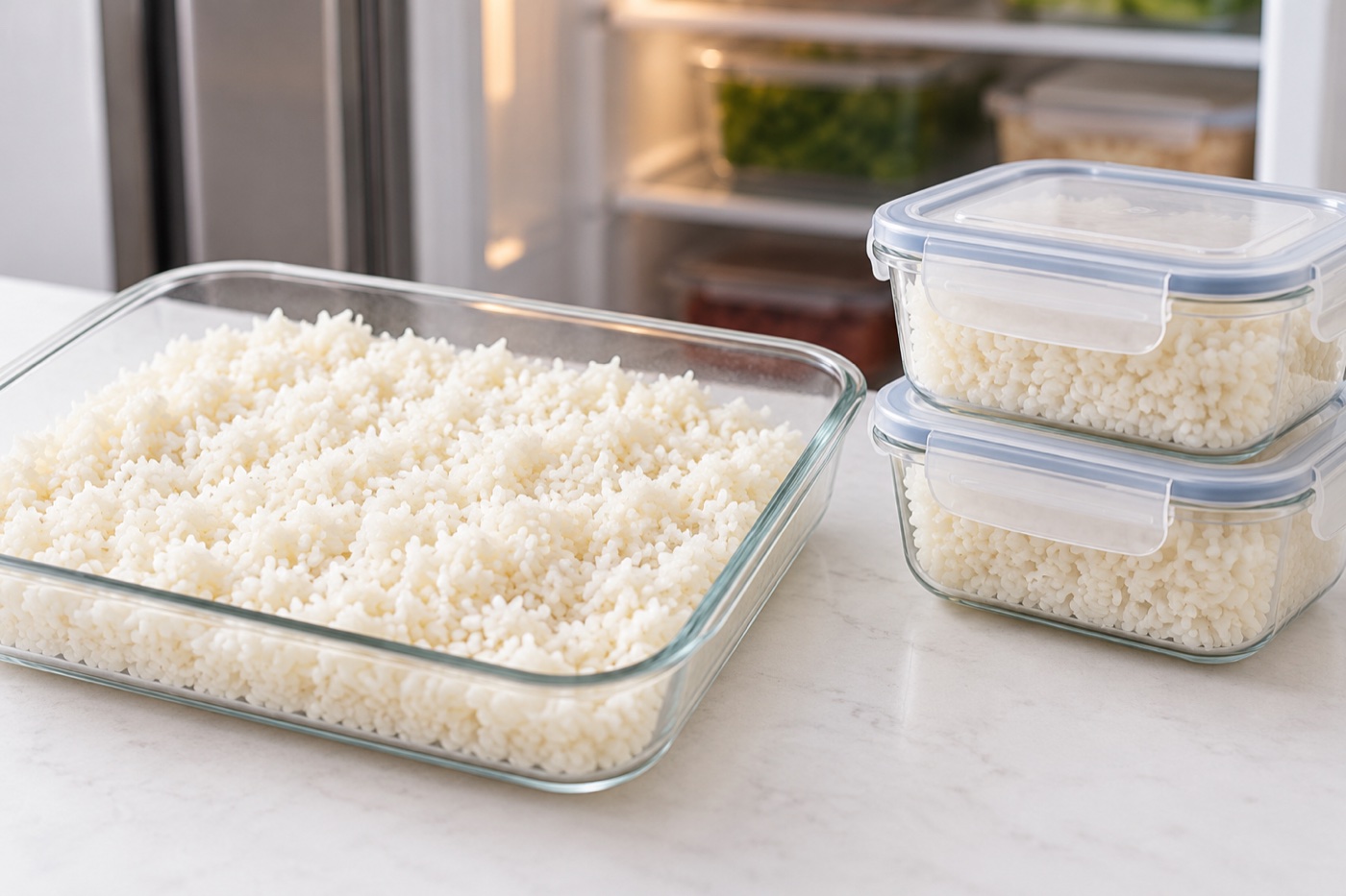 Fresh cooked rice spread in a shallow food-safe container beside two closed portioned rice containers ready for refrigeration, refrigerator in the background