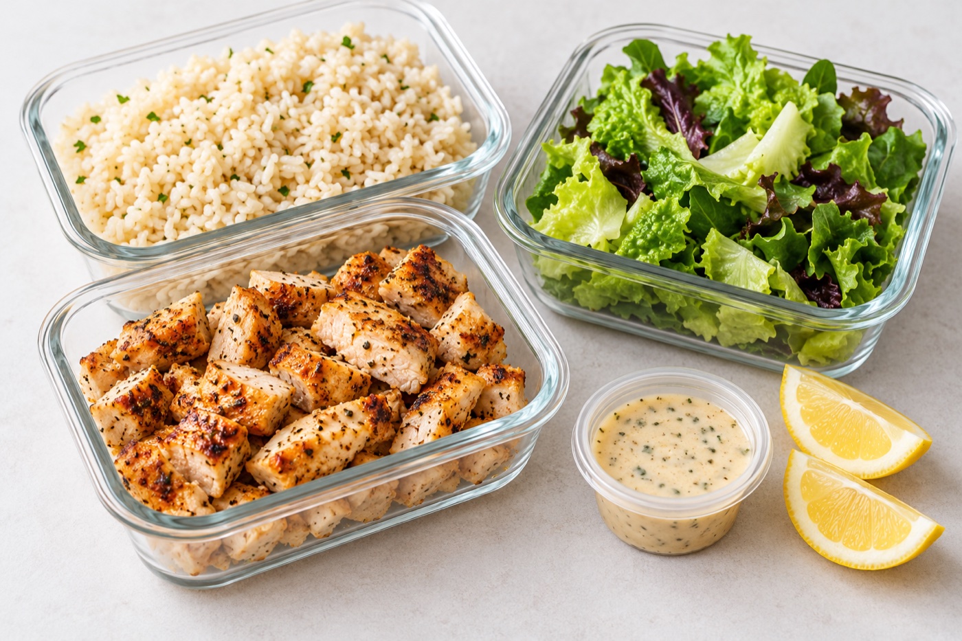 Meal-prep components kept separate: cooked rice and chicken, crisp greens, fresh lemon wedges and a small sealed sauce cup, illustrating how separating moist and crisp ingredients protects texture.