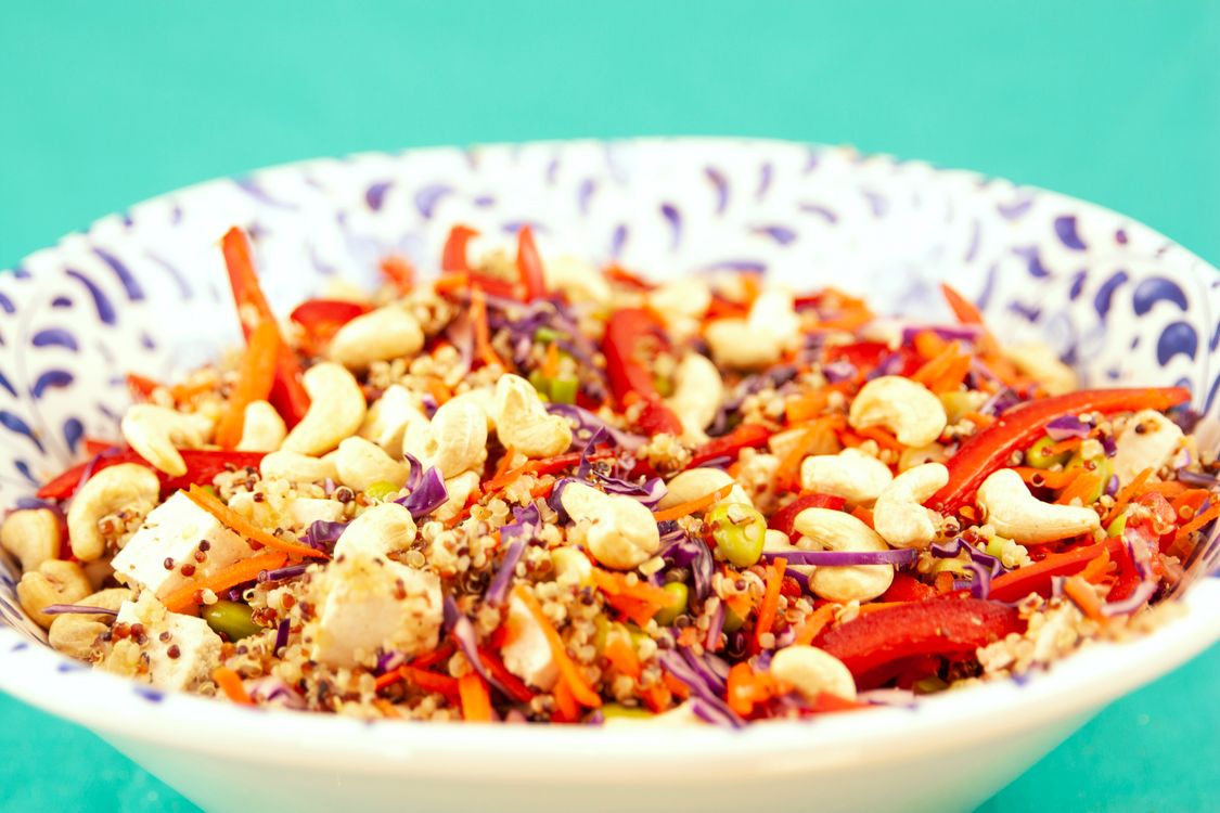 A large protein and vegetable bowl prepared for an intermittent fasting eating window