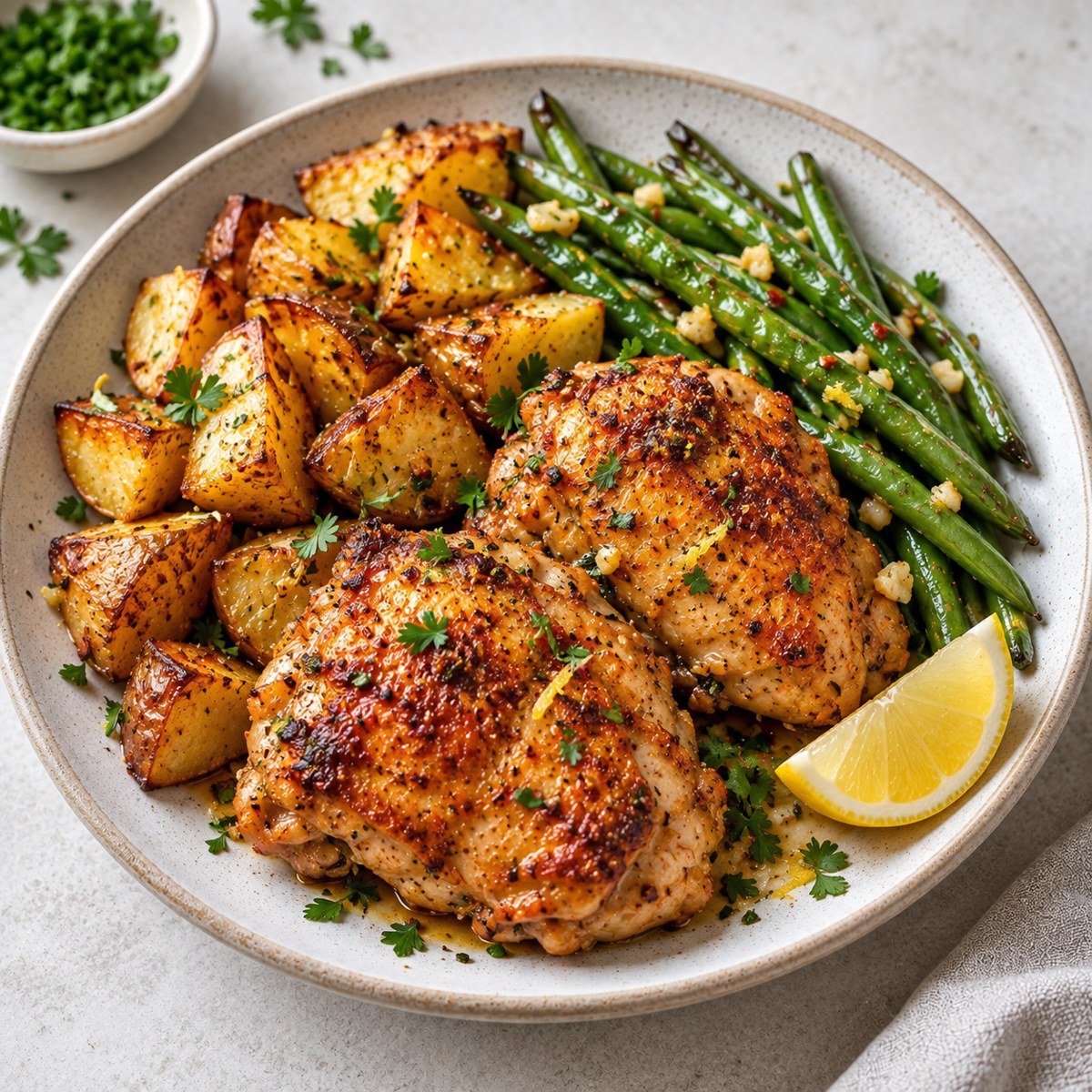 Air Fryer Chicken Thighs & Roasted Potatoes