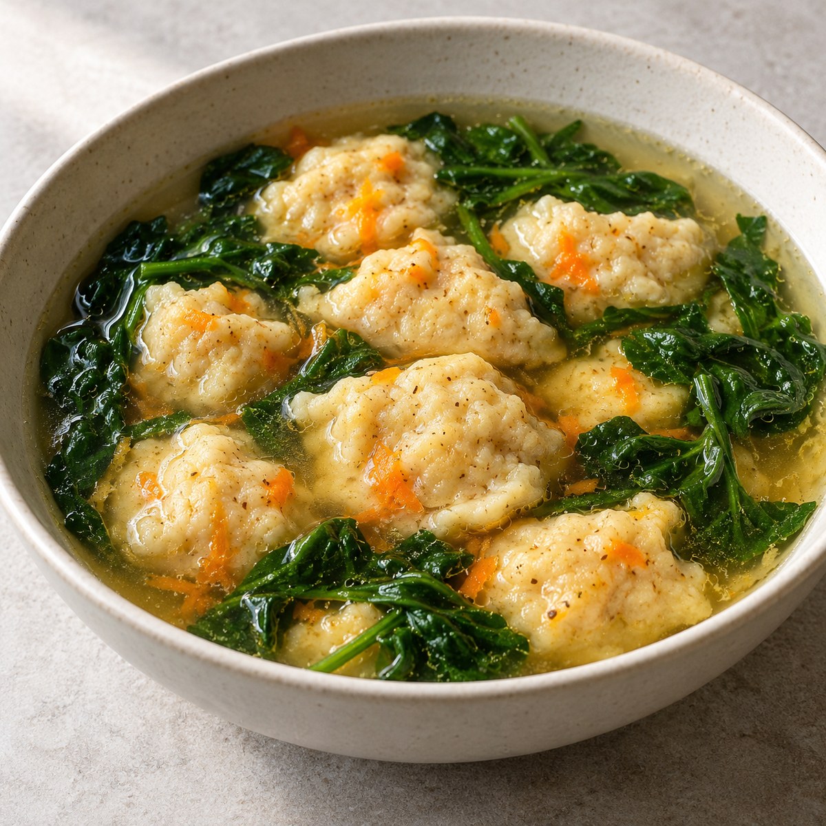 Carrot & Cumin Spoon Dumplings in Spinach Broth