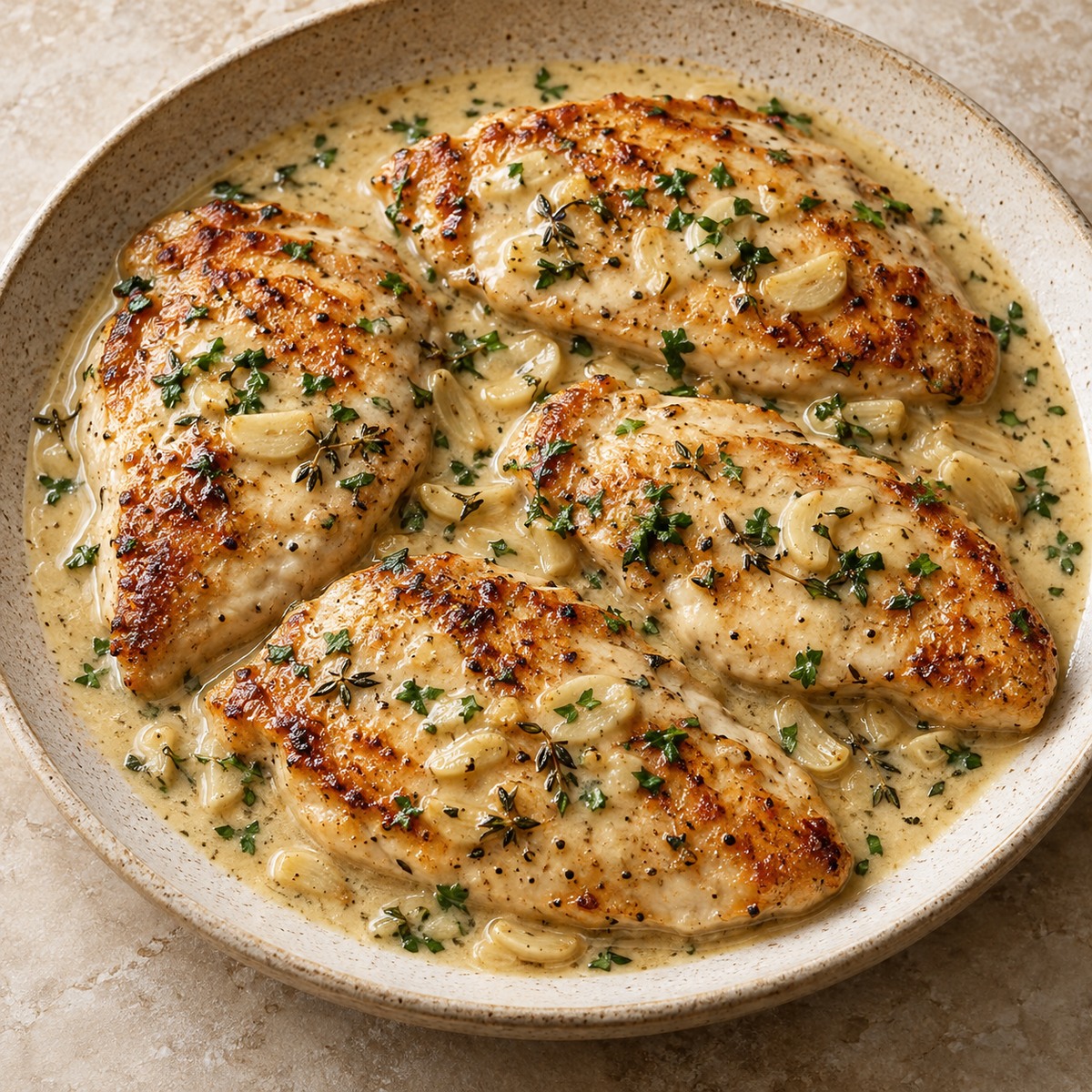 AI-generated illustration from our creamy garlic chicken recipe; the plain pan method below uses no sauce.