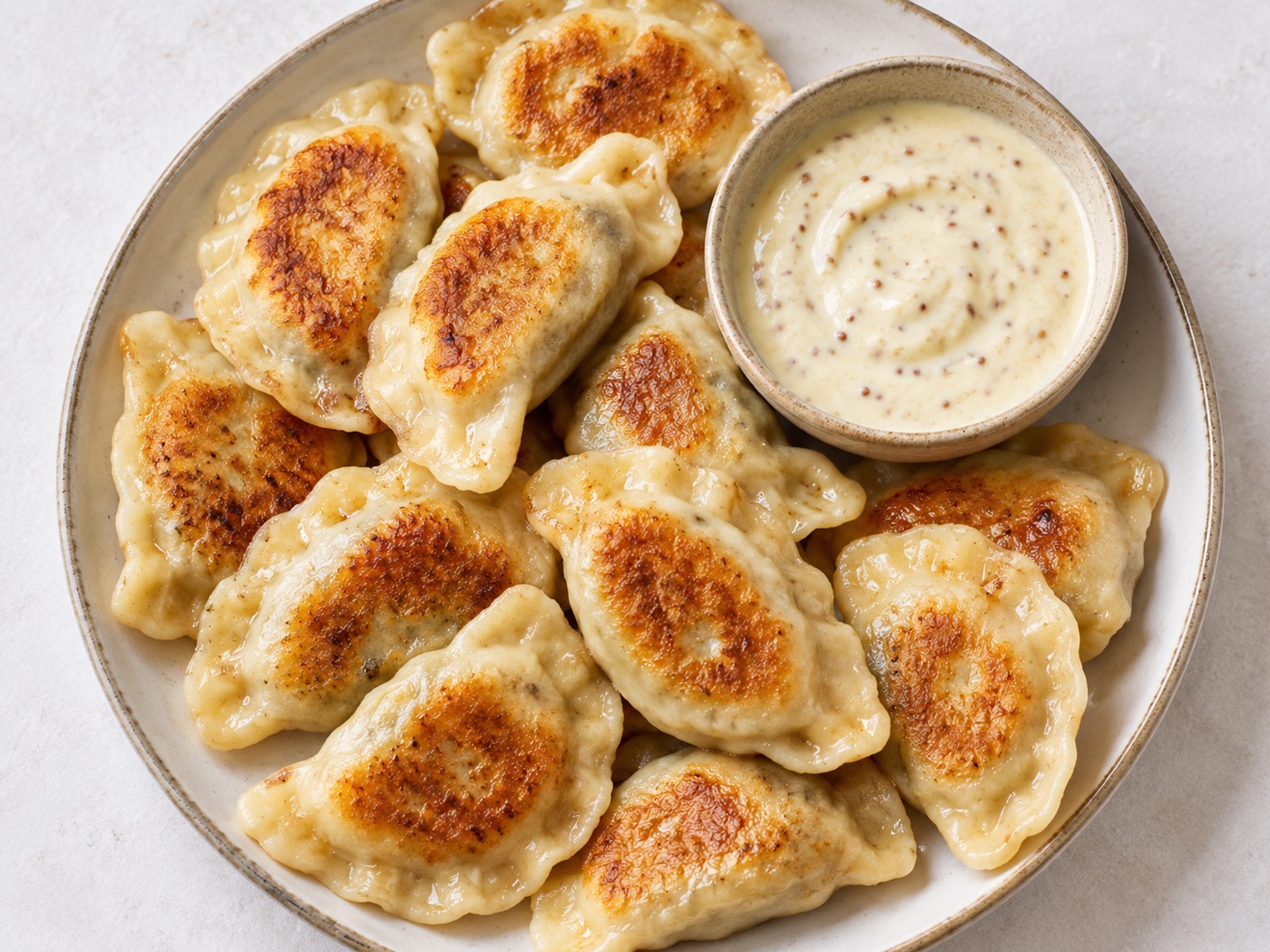 Potato & Mushroom Pierogi with Mustard Yogurt