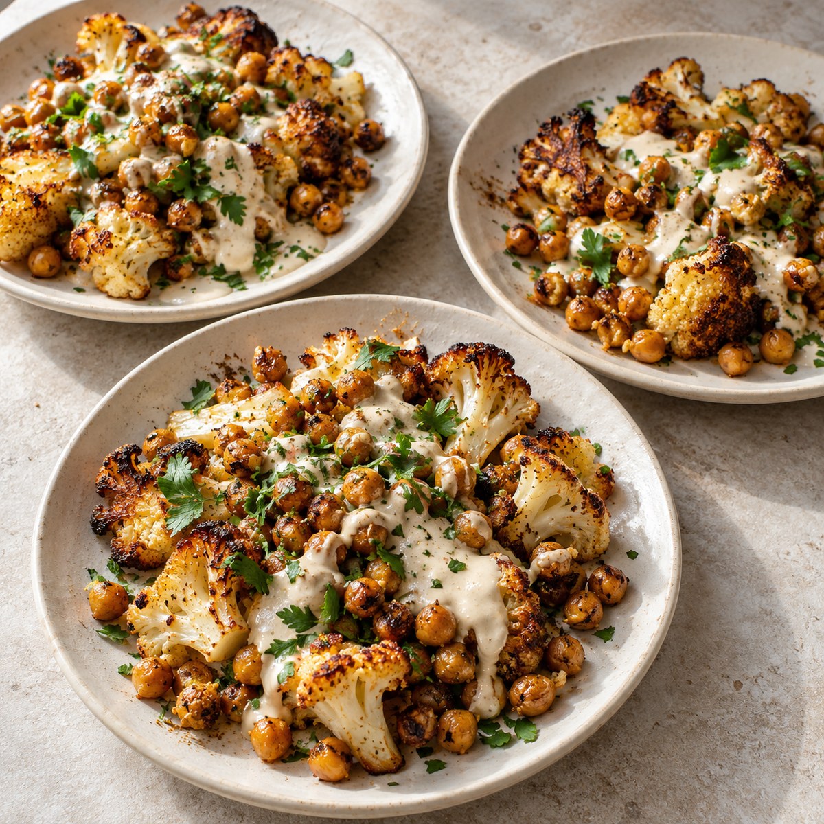 Cauliflower & Chickpeas with Warm Tahini Sauce