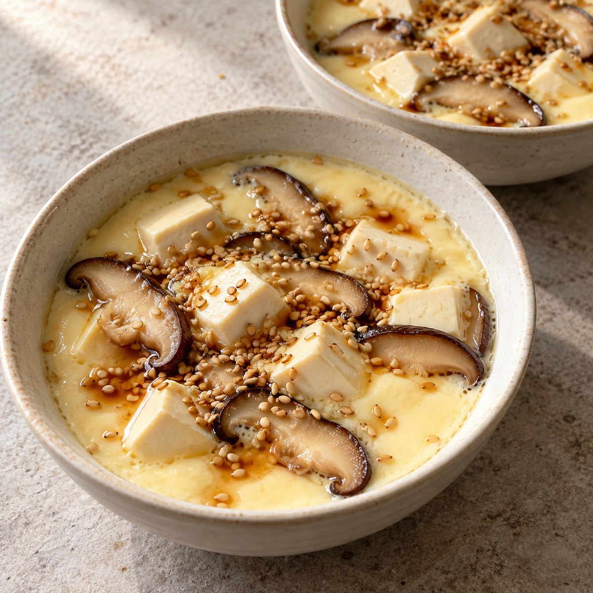 Steamed Egg & Tofu Custard with Mushrooms