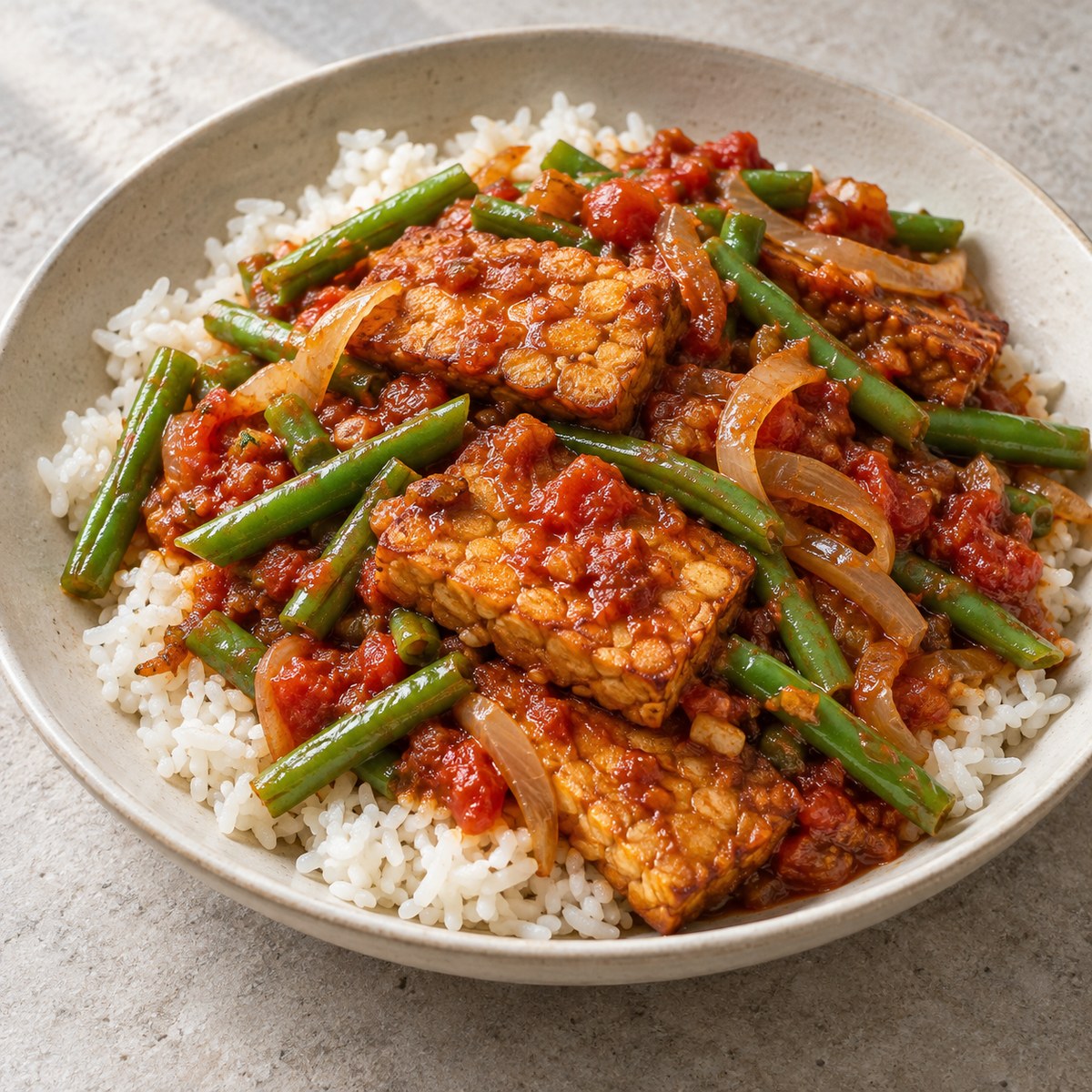 Tempeh & Green Beans in Tamarind Tomato Braise