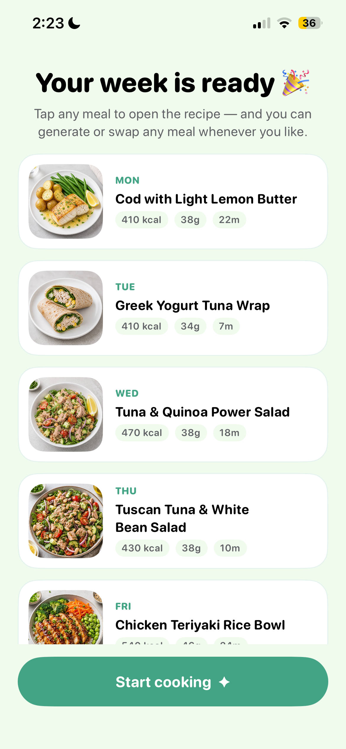 Kenji Meals weekly meal plan screen